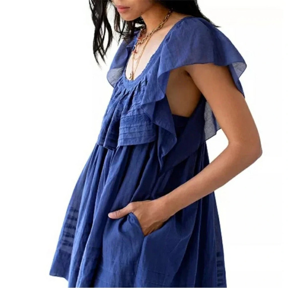 Free People Hailey Blue Oversized Ruffle Gauzy Mini Dress Small - Picture 7 of 16